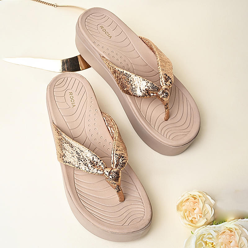 Rocia By Regal Rose Gold Women Casual Knotted Thong Wedges