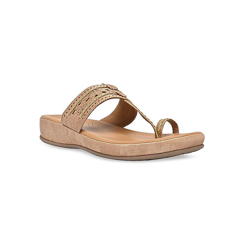 Rocia Beige Women Kolhapuri Flat Comfort Sandals