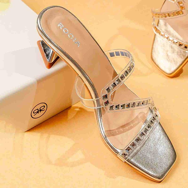 Rocia Silver Women Diamond Embellished Kitten Heel Sandals