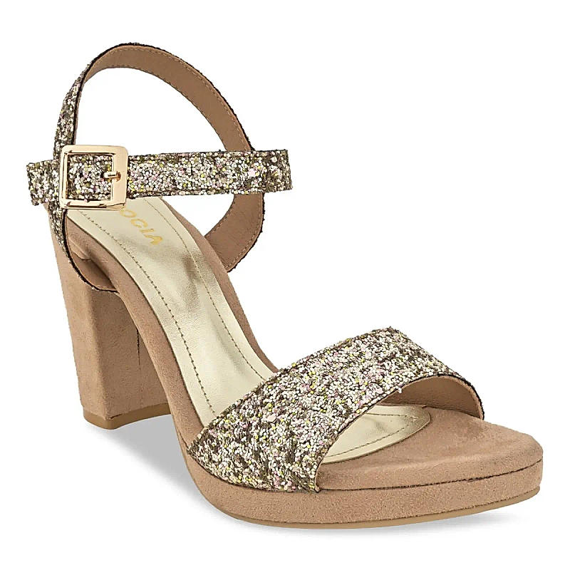 ROCIA Gold Women Shimmer High Block Heel Sandals