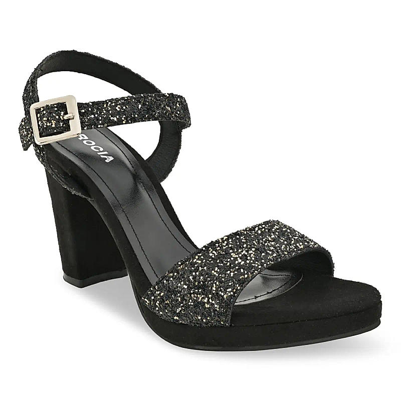 ROCIA Black Women Shimmer High Block Heel Sandals