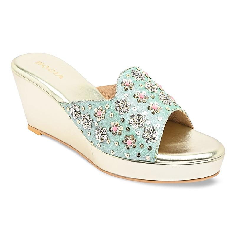 Rocia Green Women Embroidered Wedges