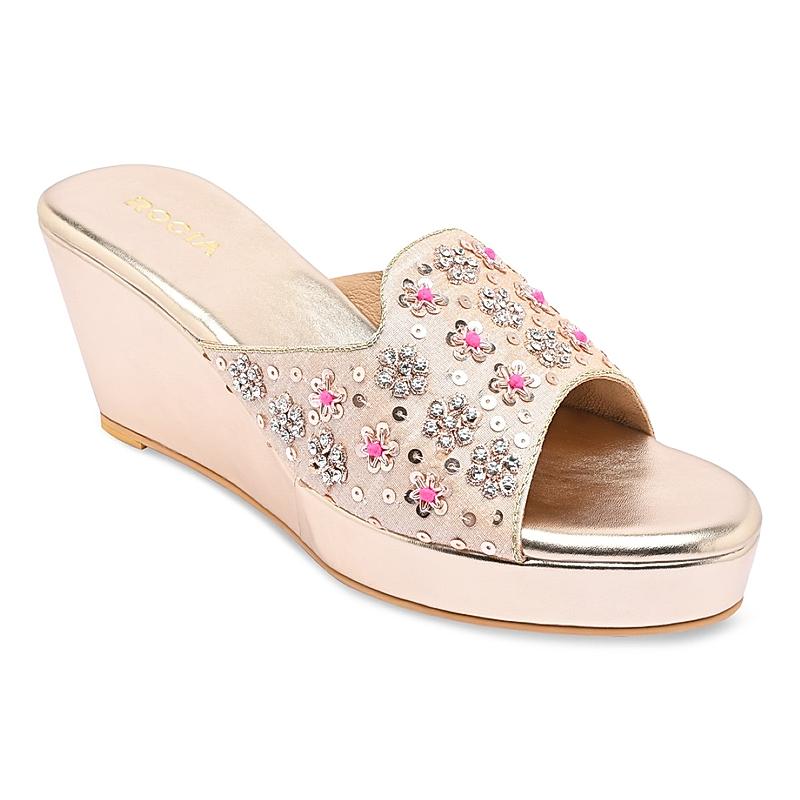 Rocia Rose Gold Women Embroidered Wedges