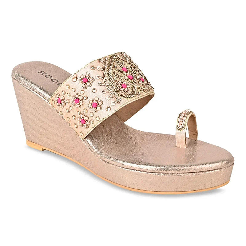 Rocia Rose Gold Women Hand Embroidered Ethnic Wedges