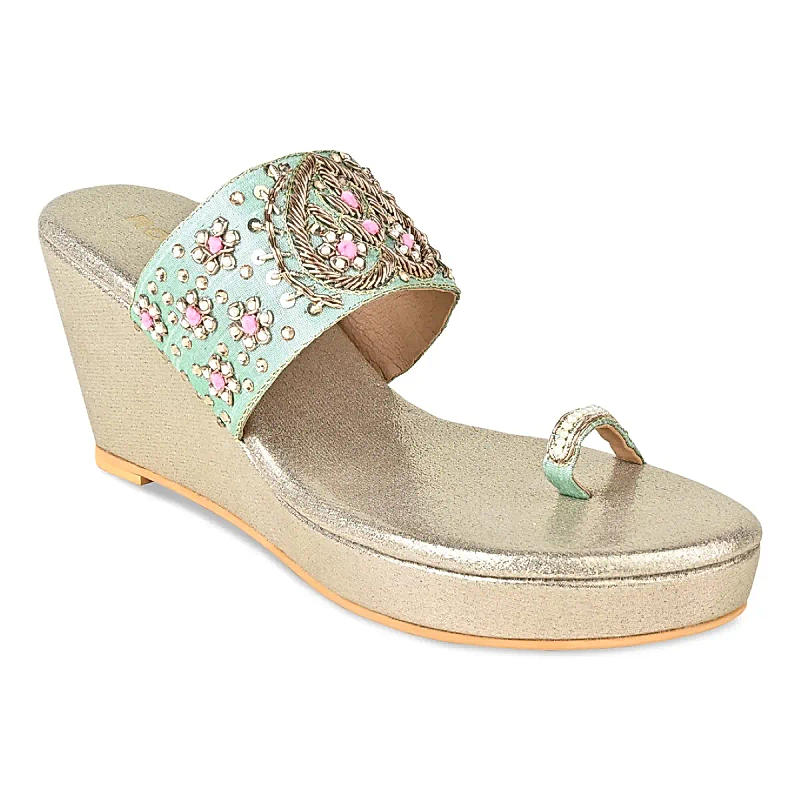 Rocia Green Women Hand Embroidered Ethnic Wedges