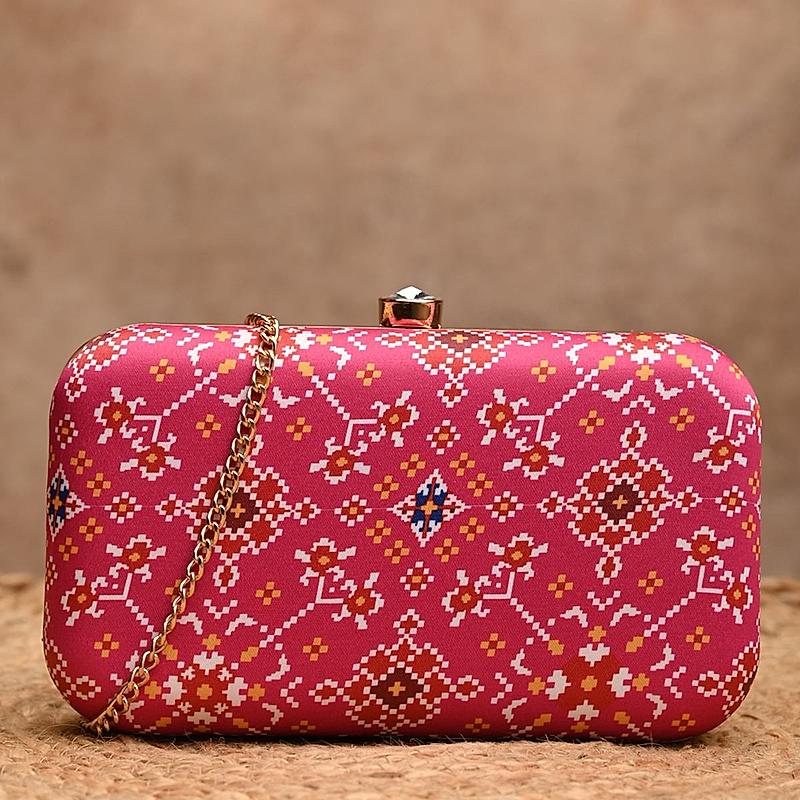 Rocia By Regal Pink Women Silk Patola Print Metal Clutch