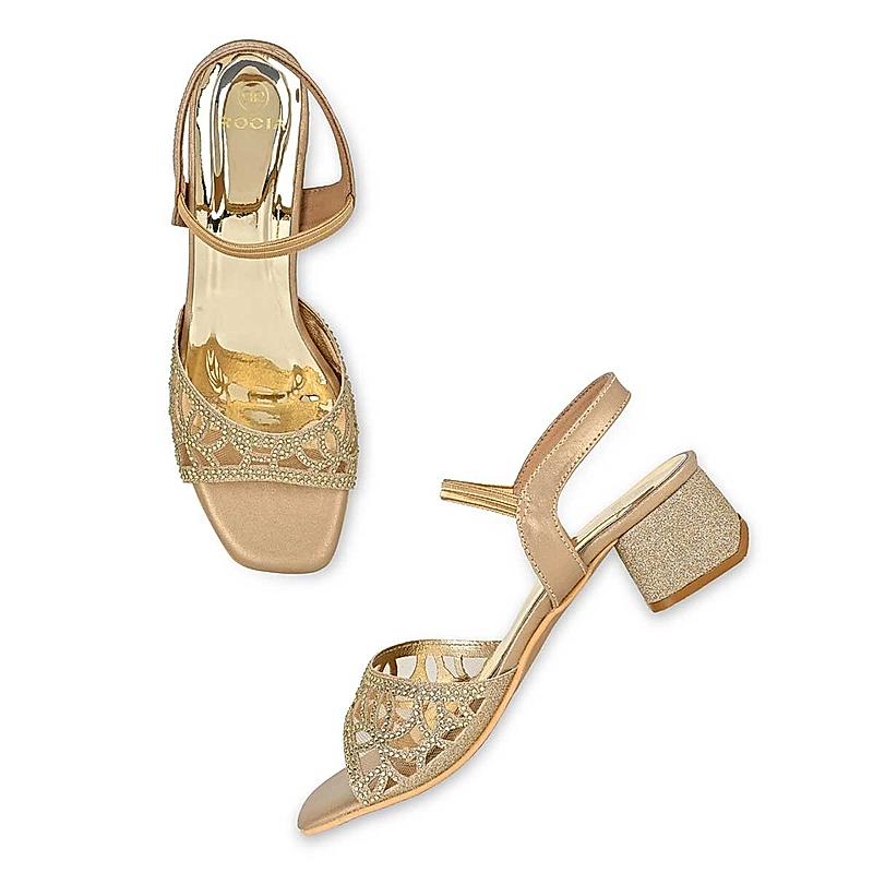 Rocia Gold Women Diamond Embellished Block Heel Sandals