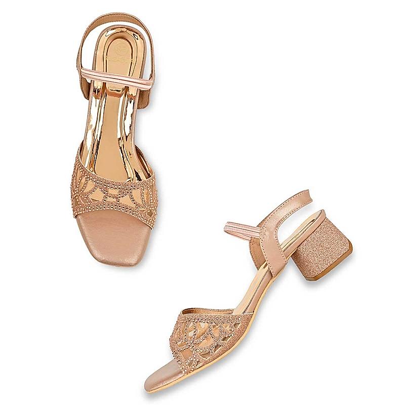 Rocia Rose Gold Women Diamond Embellished Block Heel Sandals