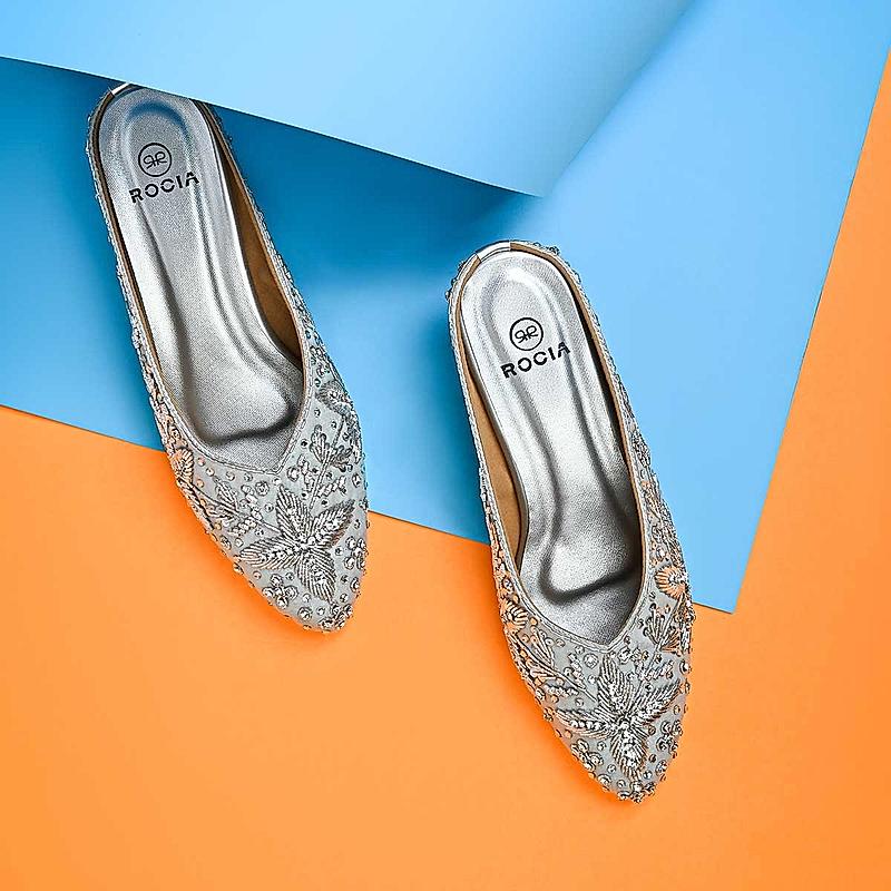 Rocia Silver Women Embroidered Mojris With Heels