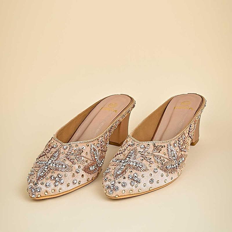 Rocia Rose Gold Women Embroidered Mojris With Heels