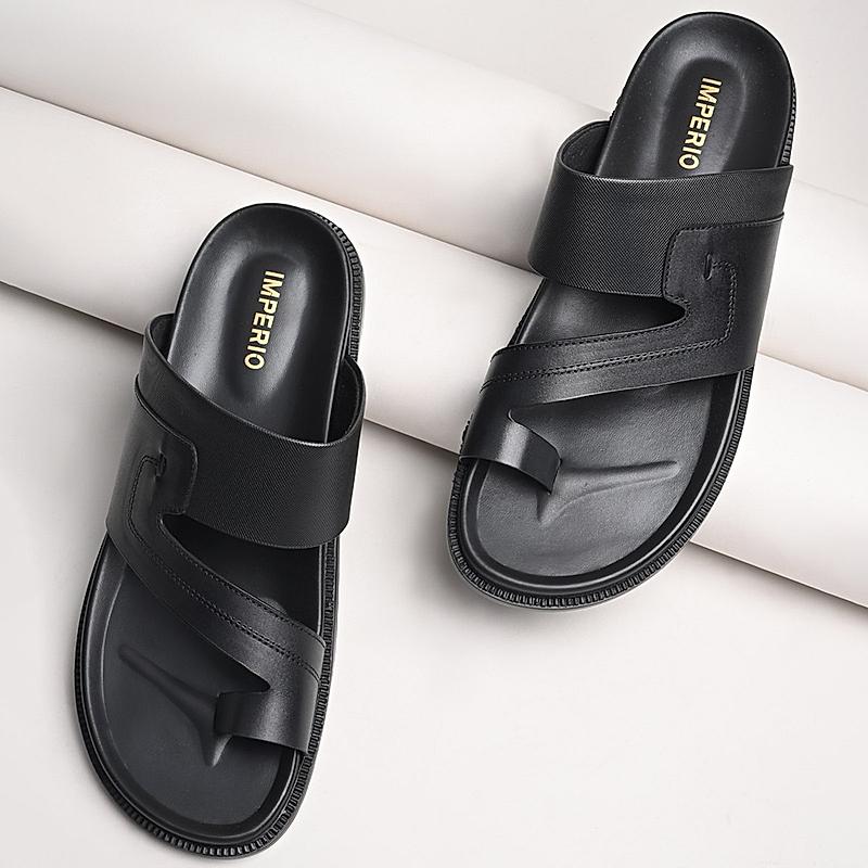 Imperio By Regal Black Men Leather One Toe Sandals