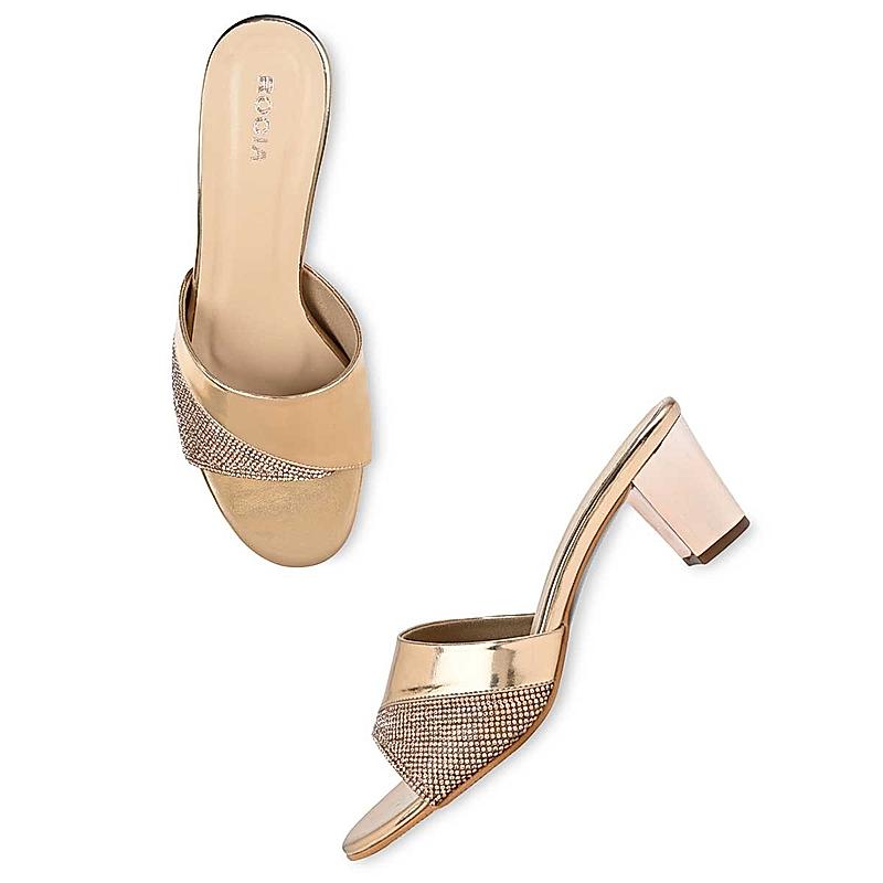 Rocia Rose Gold Women Diamond Studded Slip On Block Heels