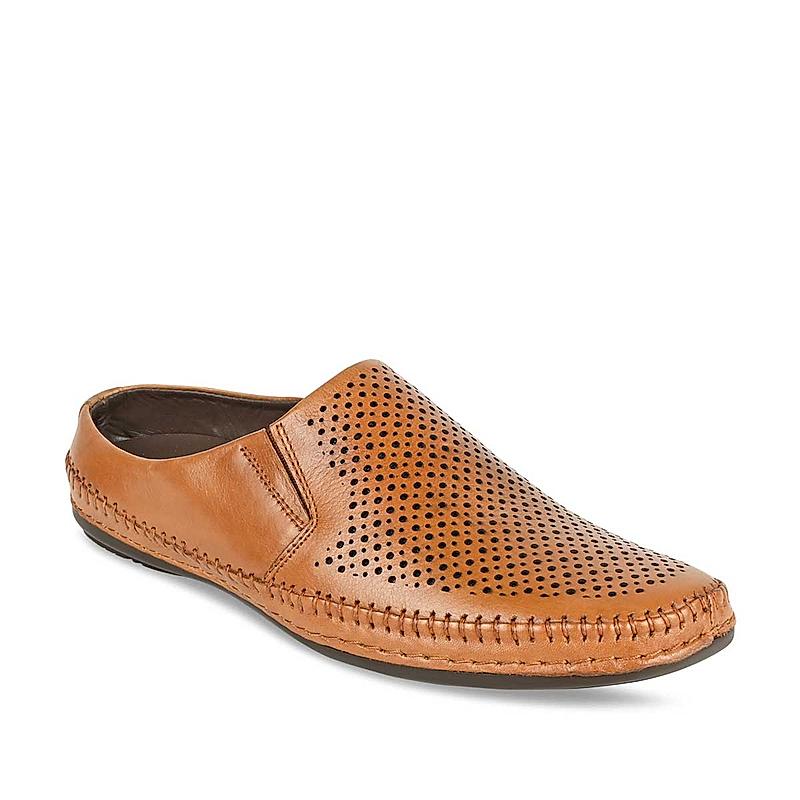 Regal Tan Men Laser Cut Leather Mules