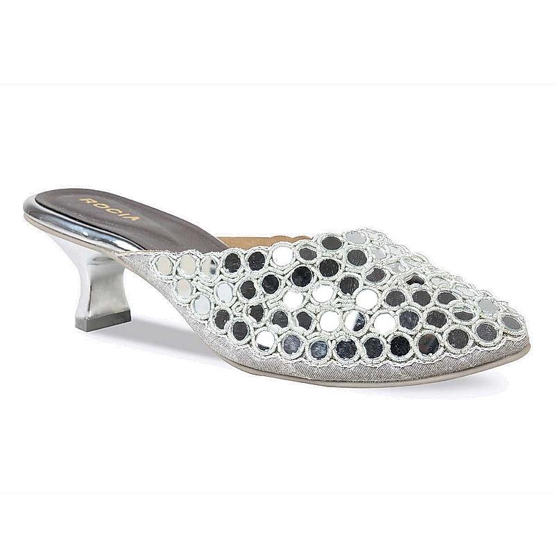 ROCIA SILVER WOMEN MIRROR WORK BLOCK HEEL MULE