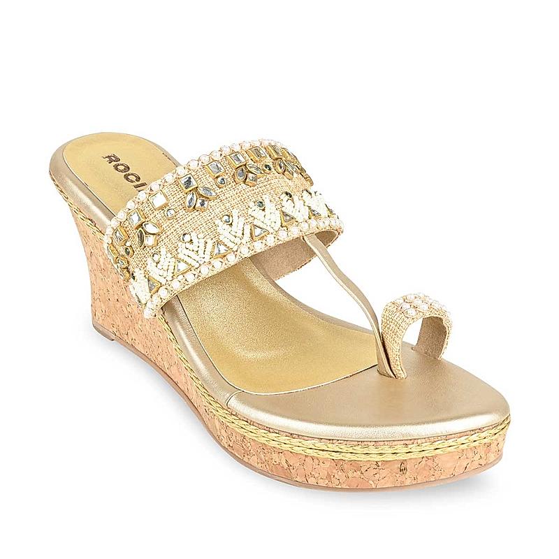 Rocia Gold Women Embroidered Wedges