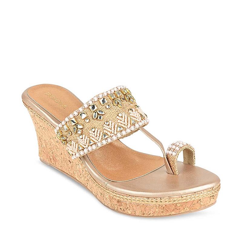 Rocia Rose Gold Women Embroidered Wedges