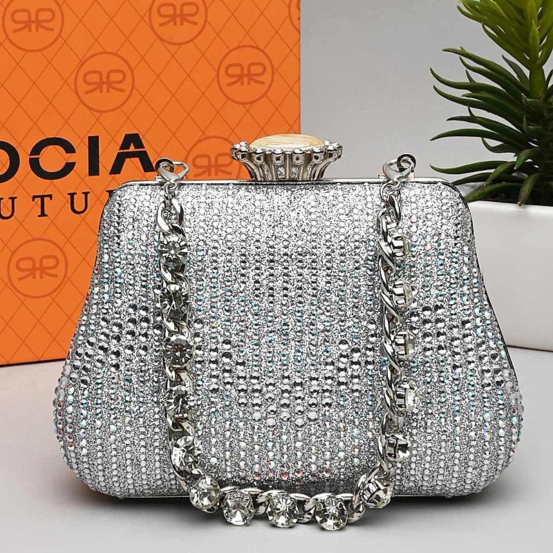 Rocia By Regal Silver Women Patterned Diamond Studded Metal Clutch