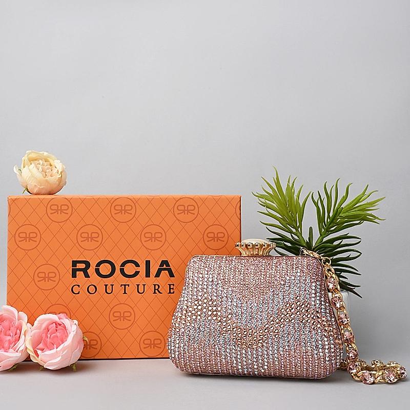 Rocia By Regal Champagne Women Patterned Diamond Studded Metal Clutch