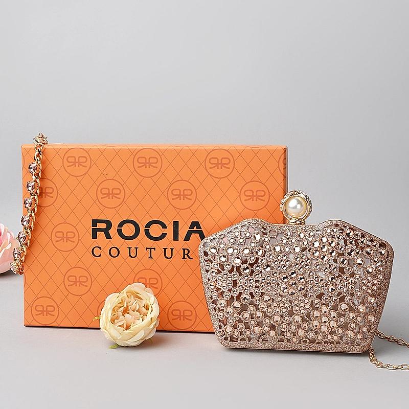 Rocia By Regal Champagne Women Diamond Encrusted Metal Clutch