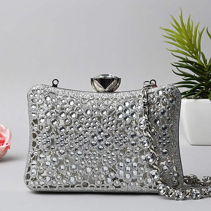 Rocia By Regal Silver Women Diamond Encrusted Metal Clutch