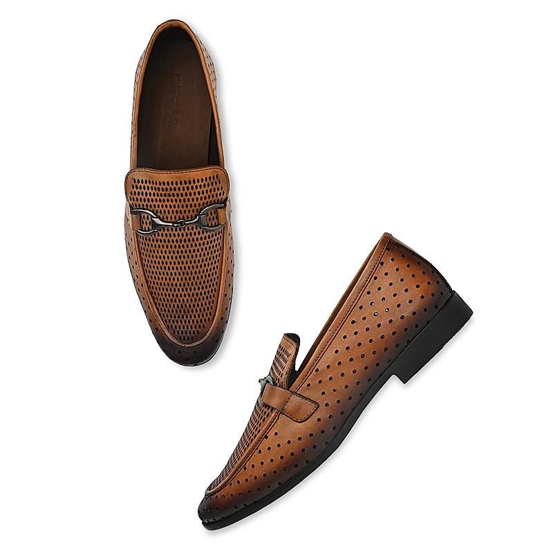 Regal Tan Men Laser Cut Textured Leather Slip Ons