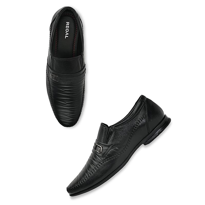 Regal Black Men Formal Textured Leather Slip Ons