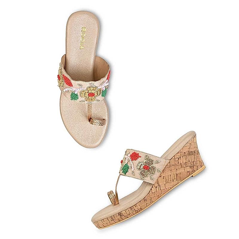 Rocia Rose Gold Women Hand Embroidered Wedges