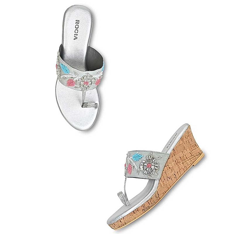 Rocia Silver Women Hand Embroidered Wedges