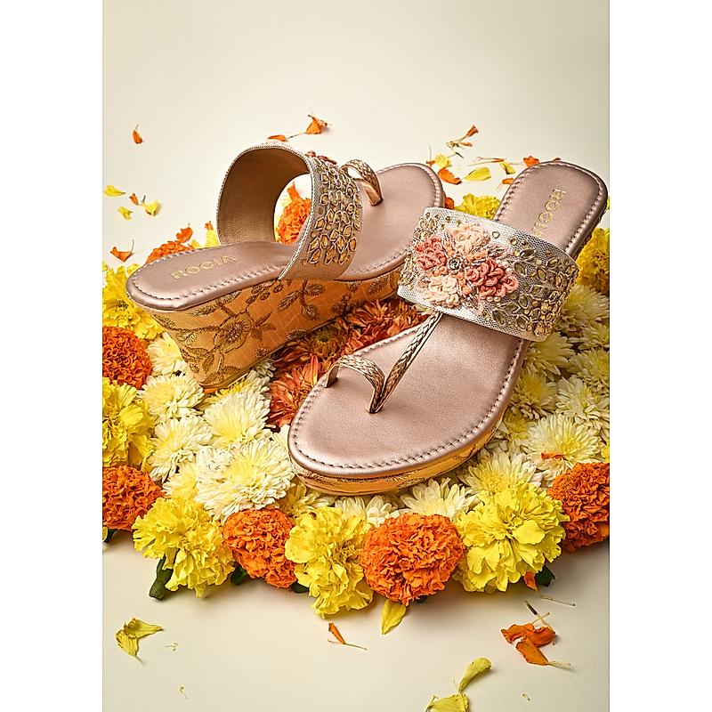 Rocia Rose Gold Women Hand Embroidered Wedges