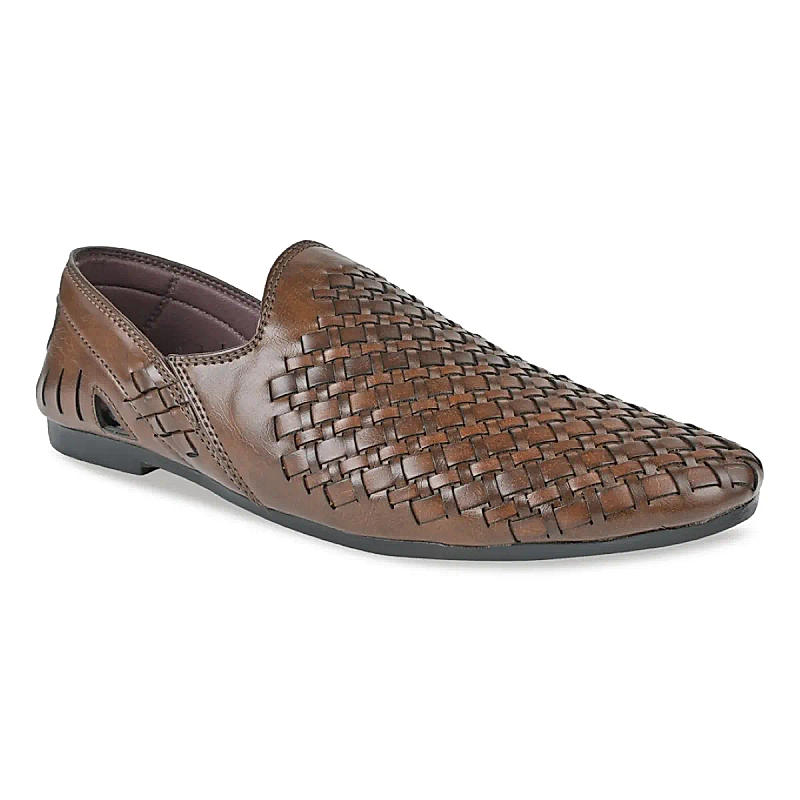 Regal Brown Men Woven Chatai Slip Ons