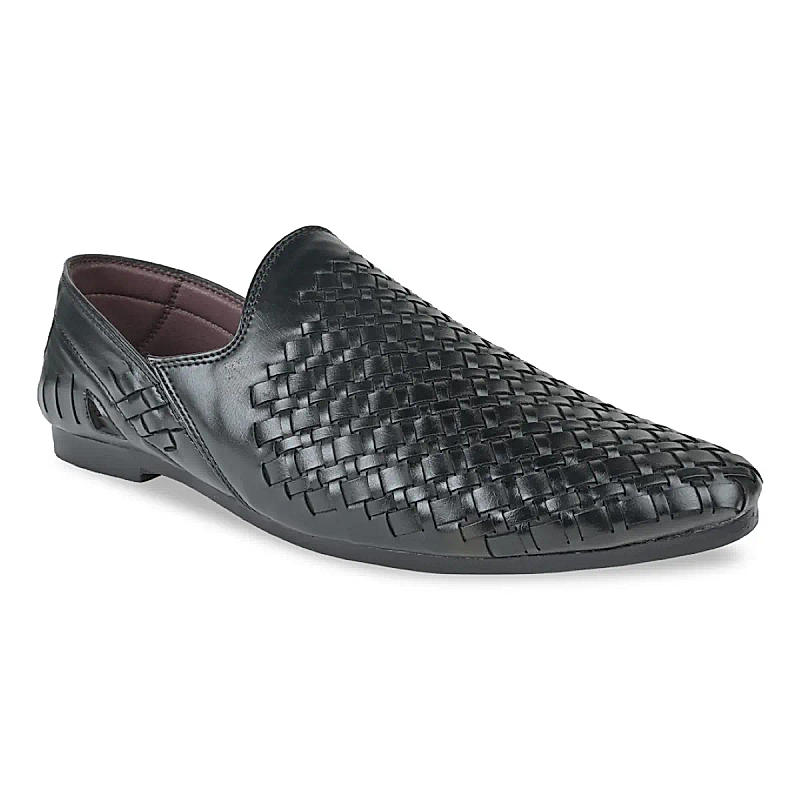 Regal Black Men Woven Chatai Slip Ons