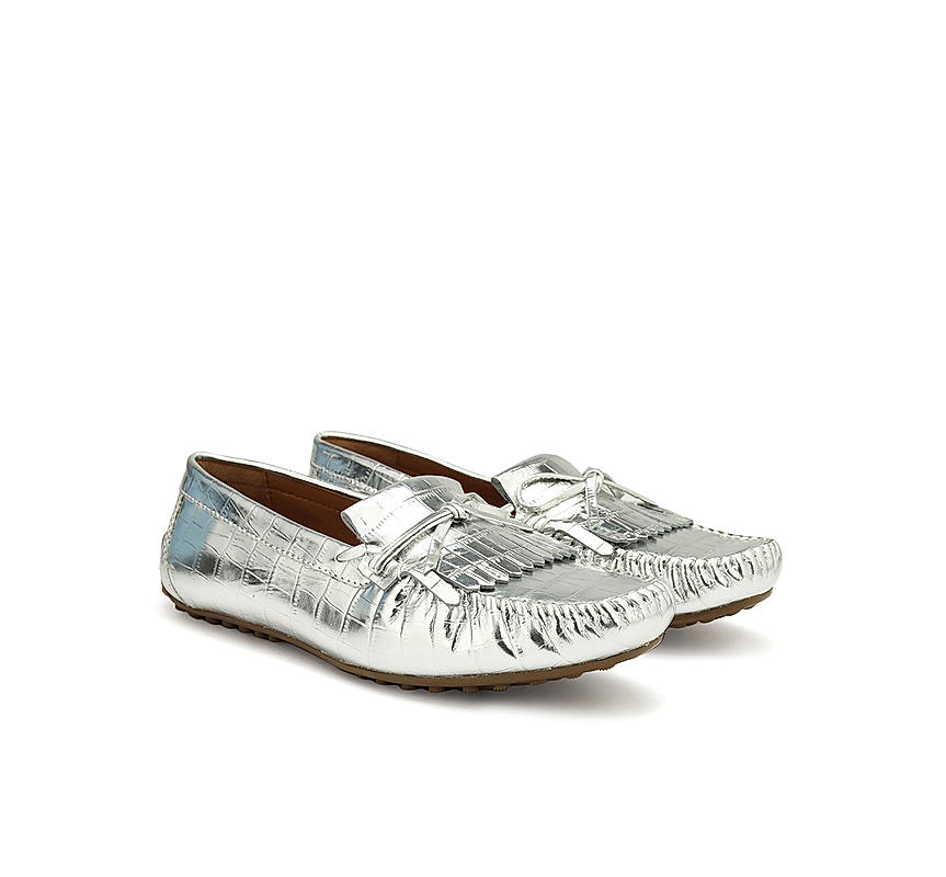 Silver Croco Textured Moccasins