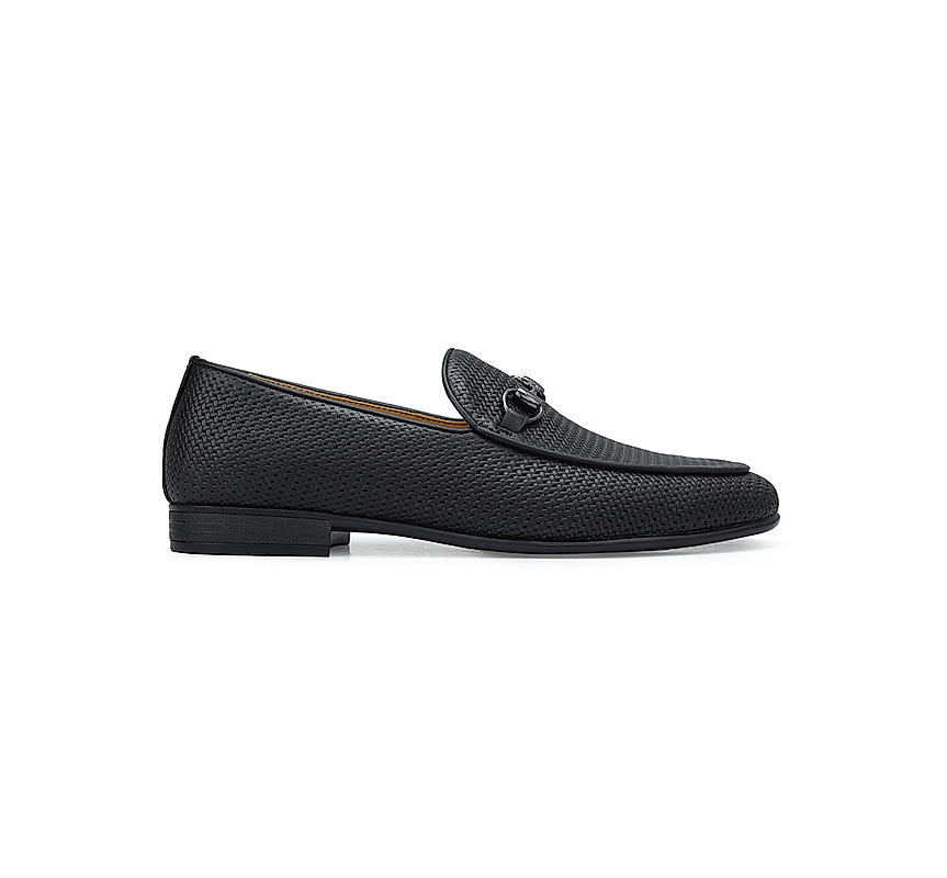 Black Textured Loafers With Buckle