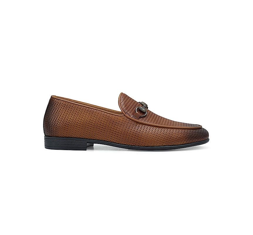 Tan Textured Loafers With Buckle