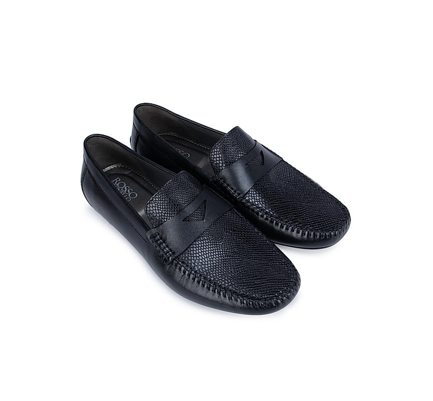 Black Textured Moccasins With Leather Panel