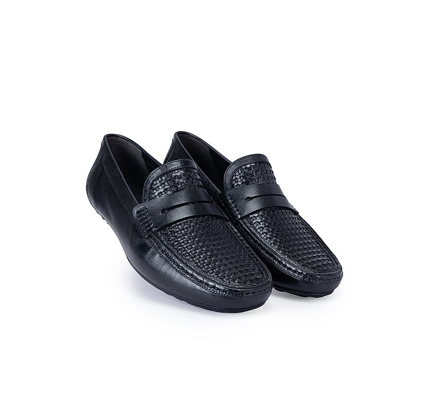 Black Textured Leather Moccasins