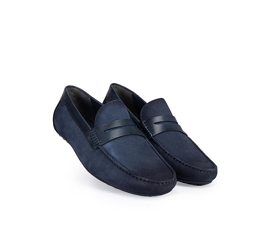 Navy Moccasins With Leather Panel