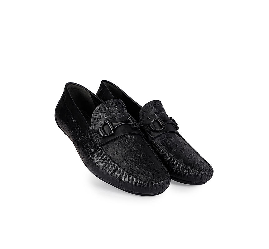 Black Ostrich Leather Moccasins