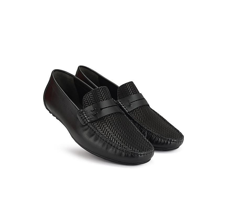 Black Textured Leather Moccasins