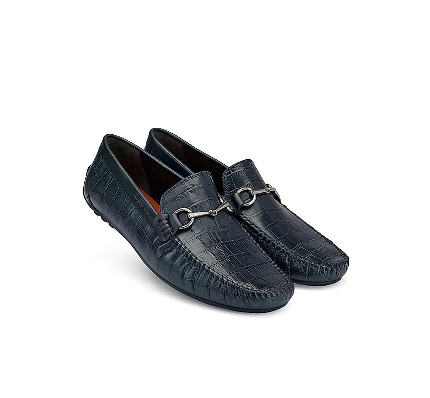 Navy Croco Textured Moccasins