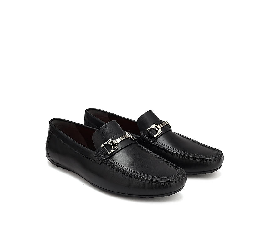 Black Leather Moccasins With Buckle