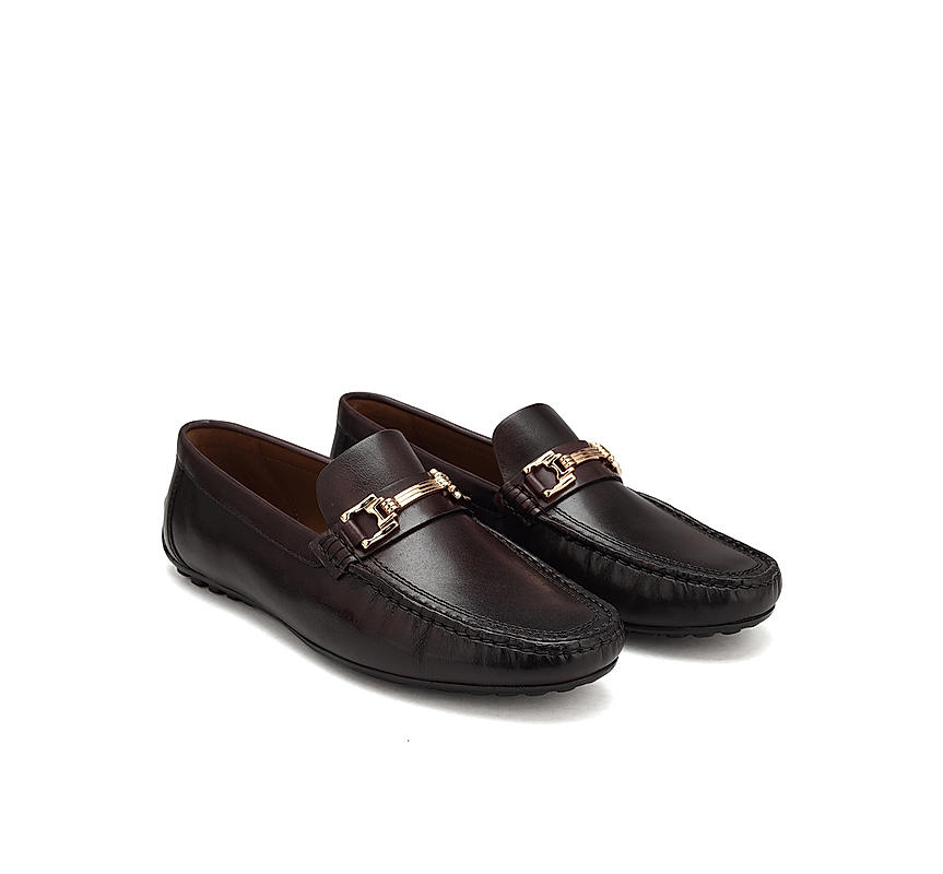 Coffee Leather Moccasins With Buckle