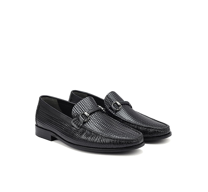 Black Textured Leather Loafers