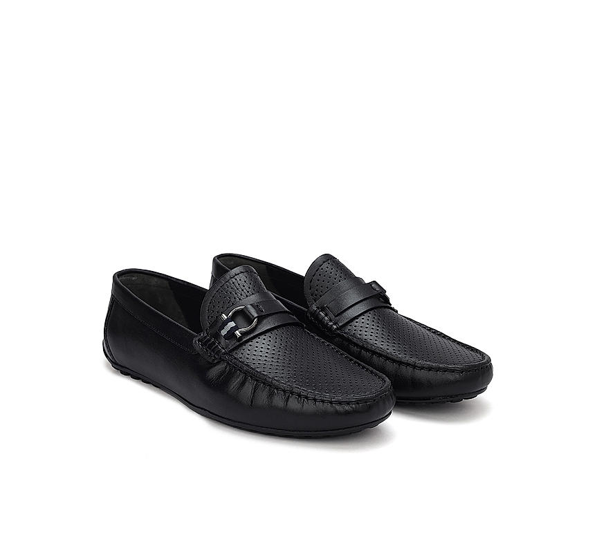 Black Perforated Leather Moccasins