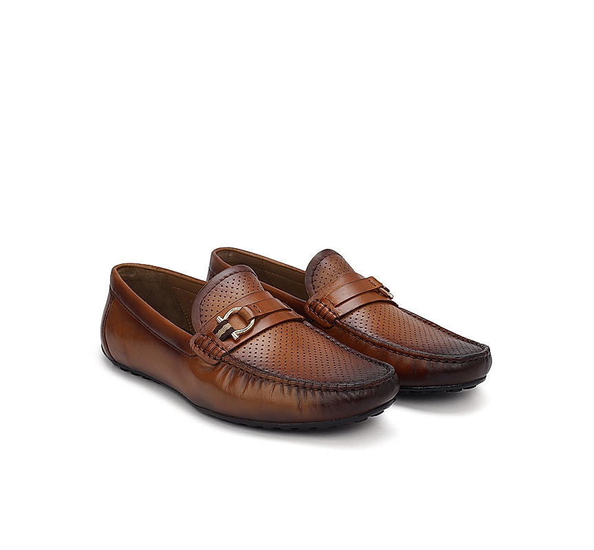 Tan Perforated Leather Moccasins