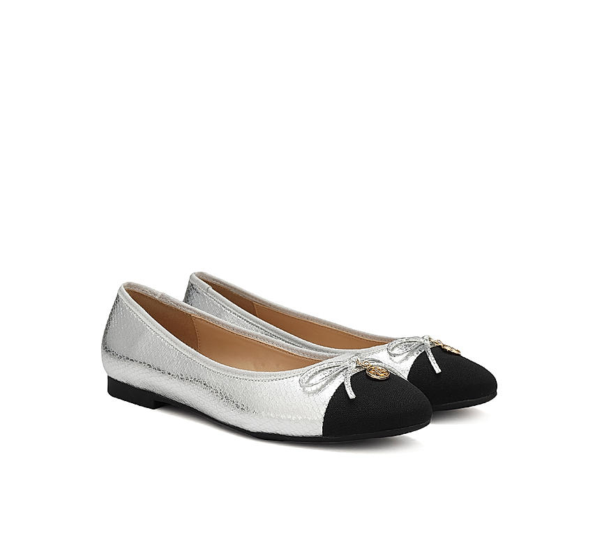 Silver Ballerina Flats With Bow Detail