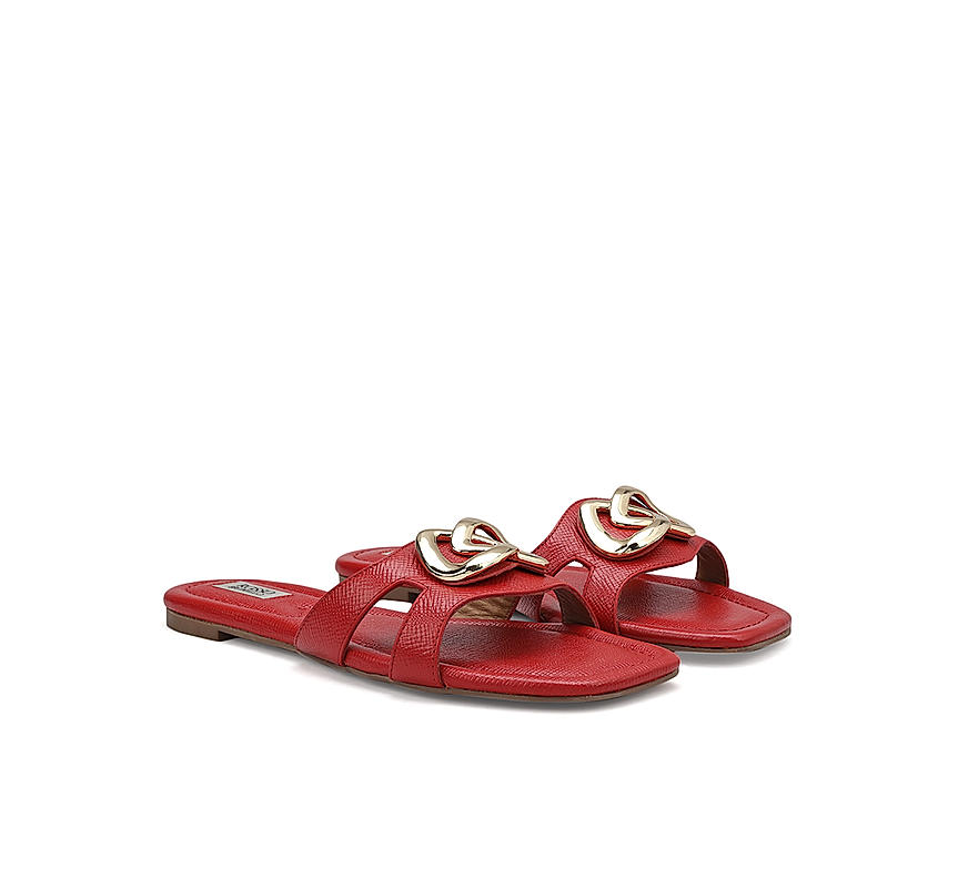 Red Leather Flats With Buckle