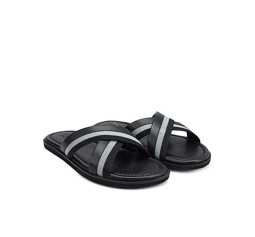 Black Criss Cross Leather Slippers