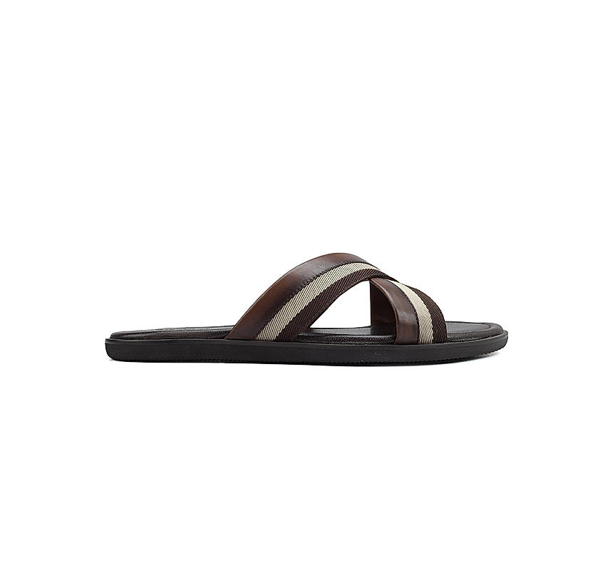 Coffee Criss Cross Leather Slippers