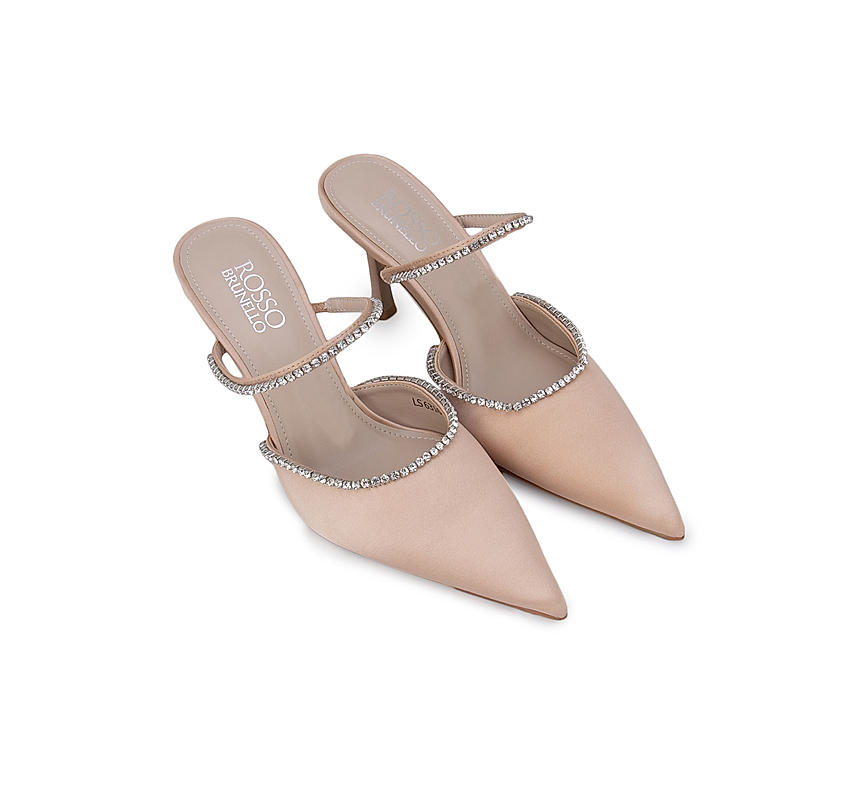 Beige Pointed Toe Studded Pumps